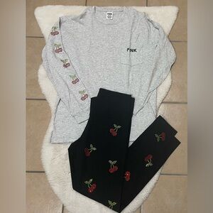 2pc Bling Cherry 🍒 Long Sleeve Campus Tee & Leggings